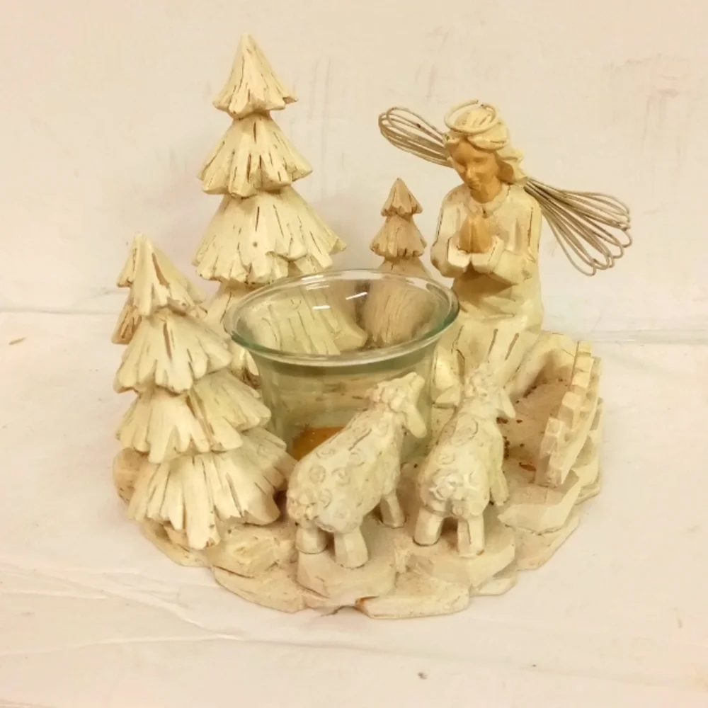 Praying Angel Candle Holder with Sheep Polyresin Christmas Nativity Scene